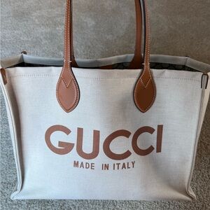 Gucci Cream and Brown Canvas Tote